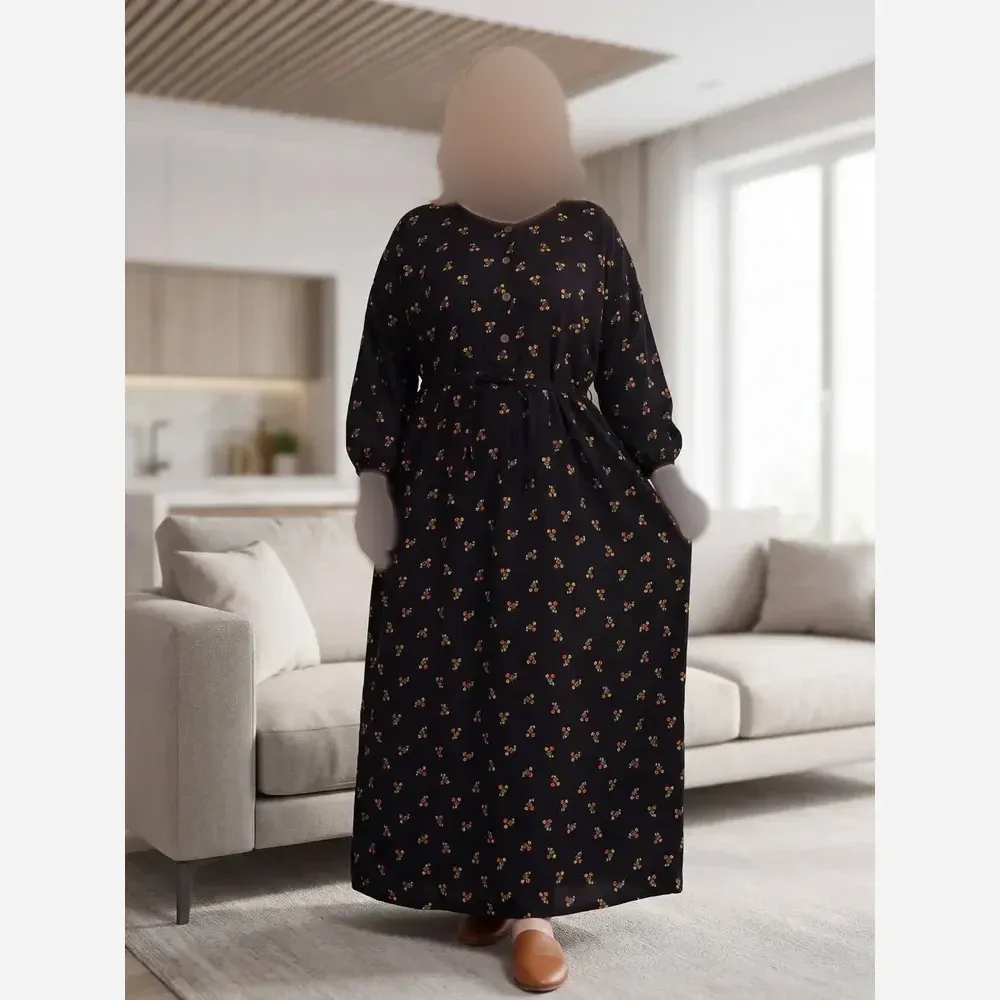 پیراهن گلدار جلو دکمه نخی سایز بزرگ