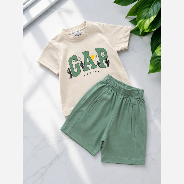ست تیشرت و شلوارک بچگانه مدل گپ کاکتوس رنگ کرم سبز سایز 2 تا 7 سال