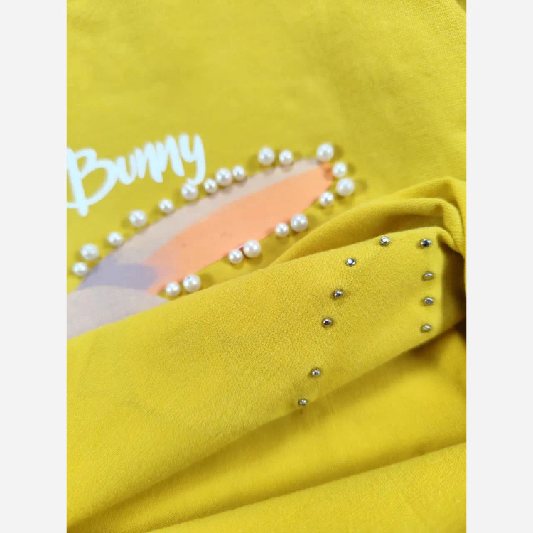 ست تیشرت و شلوارک جین دخترانه مروارید دوزی شده یکرو پنبه لاکرادار سنگ شور شده بلوز 4 رنگ با کیفیت سایز 35 تا 50